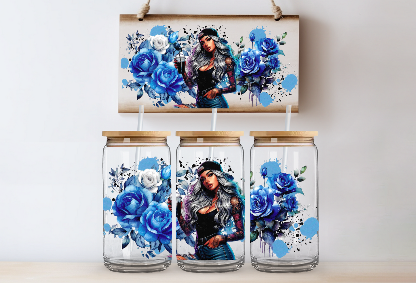 Girl with Blue Roses