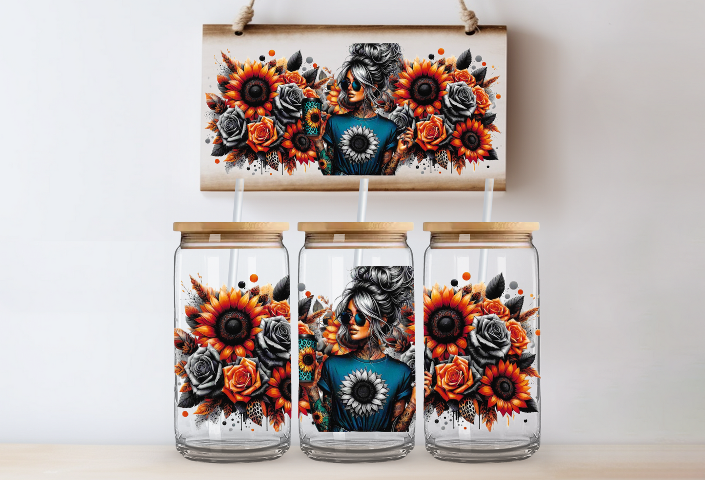 Girl with sunflowers & roses