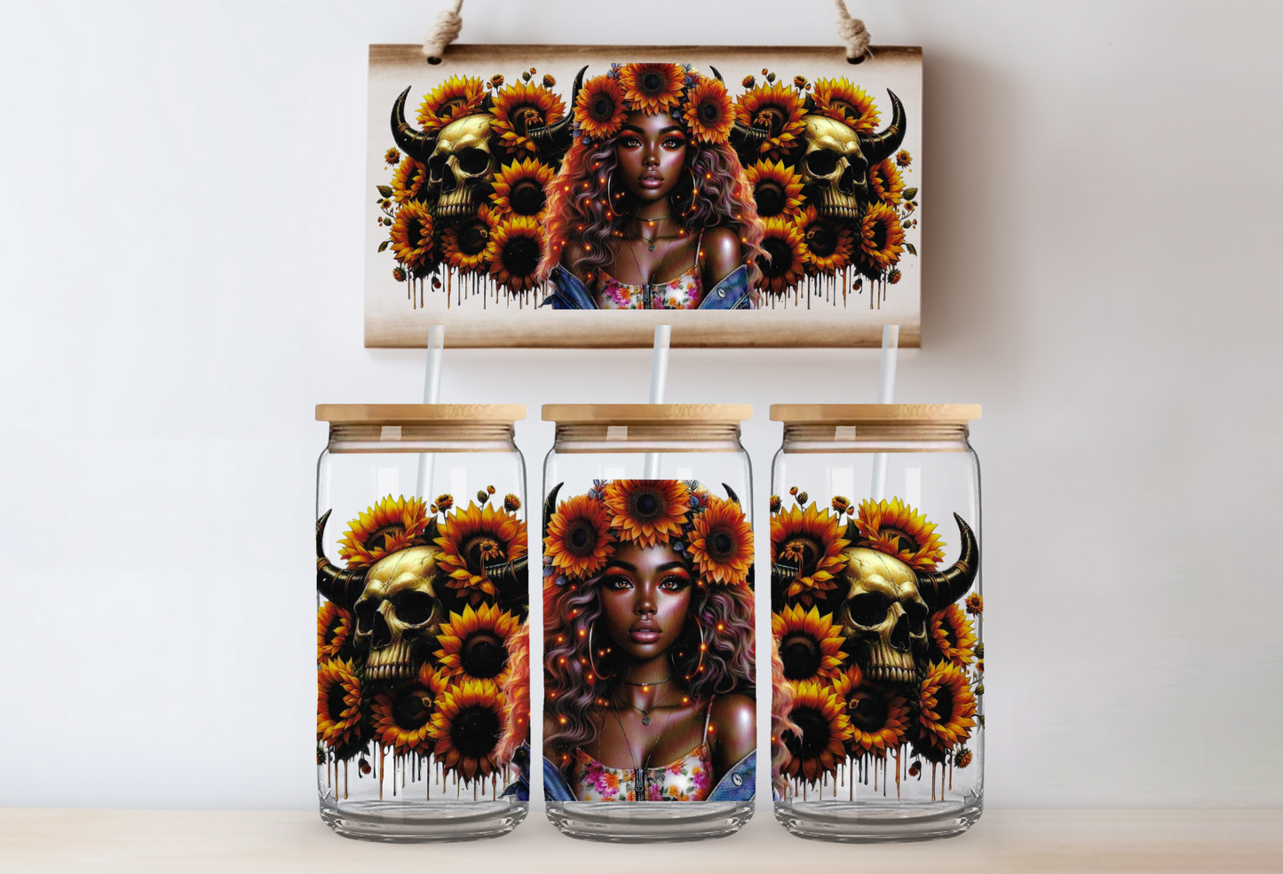 Girl with sunflowers & skulls