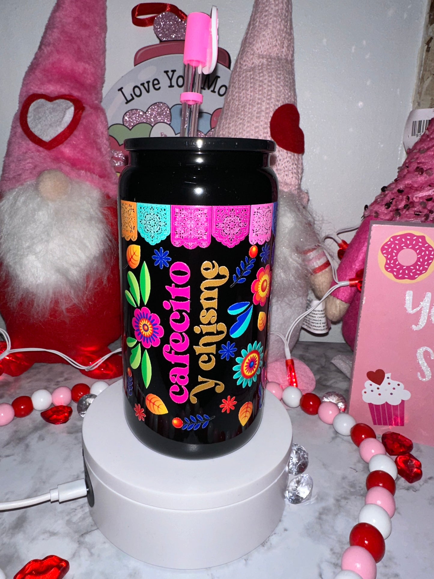 Cafecito y Chisme Black Glass Tumbler