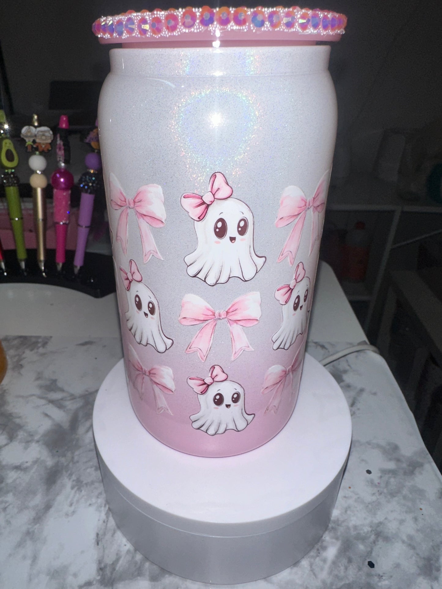Pretty in Pink Ghost Glass Tumbler