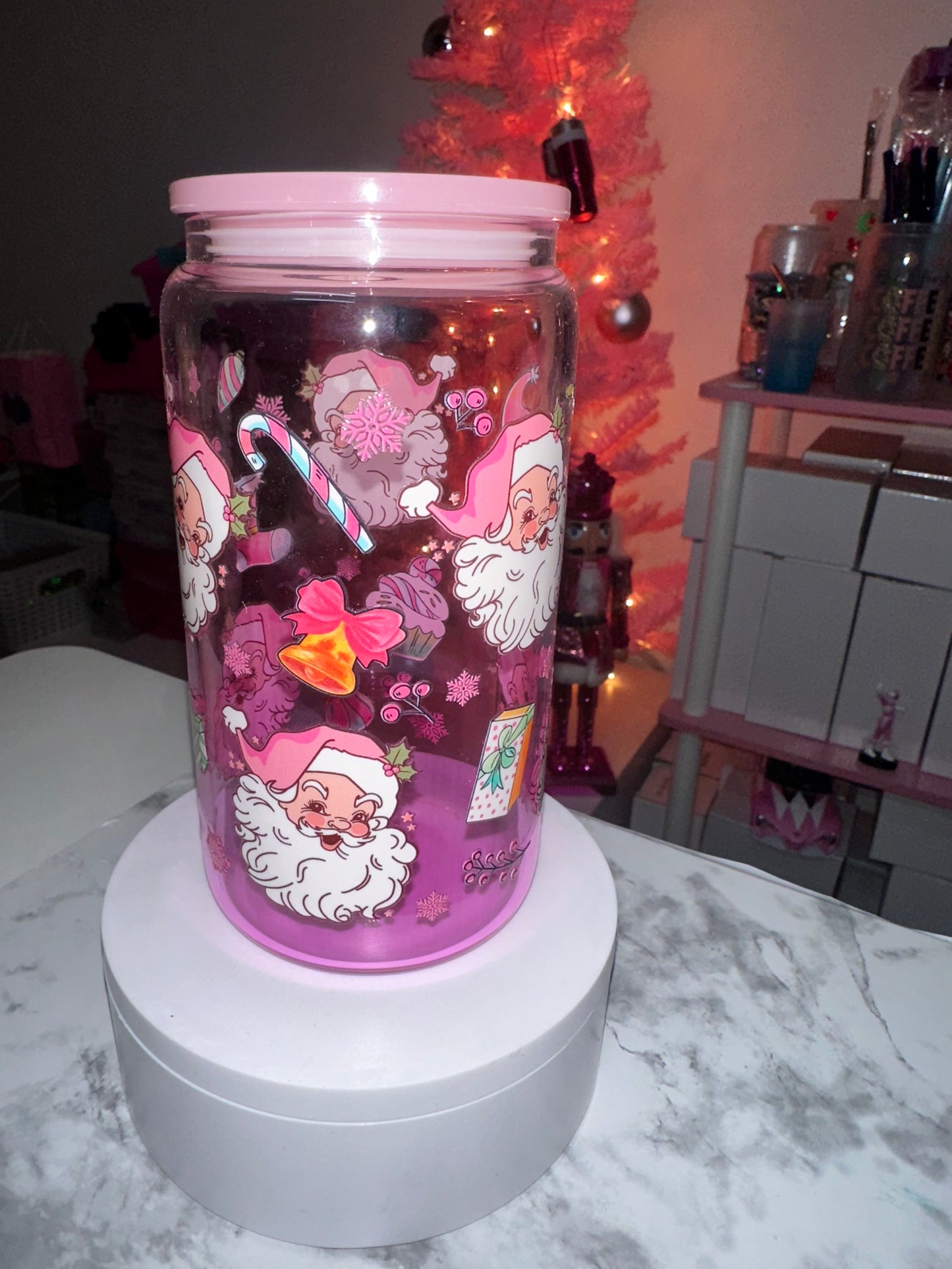 Pink Christmas Glass Tumbler