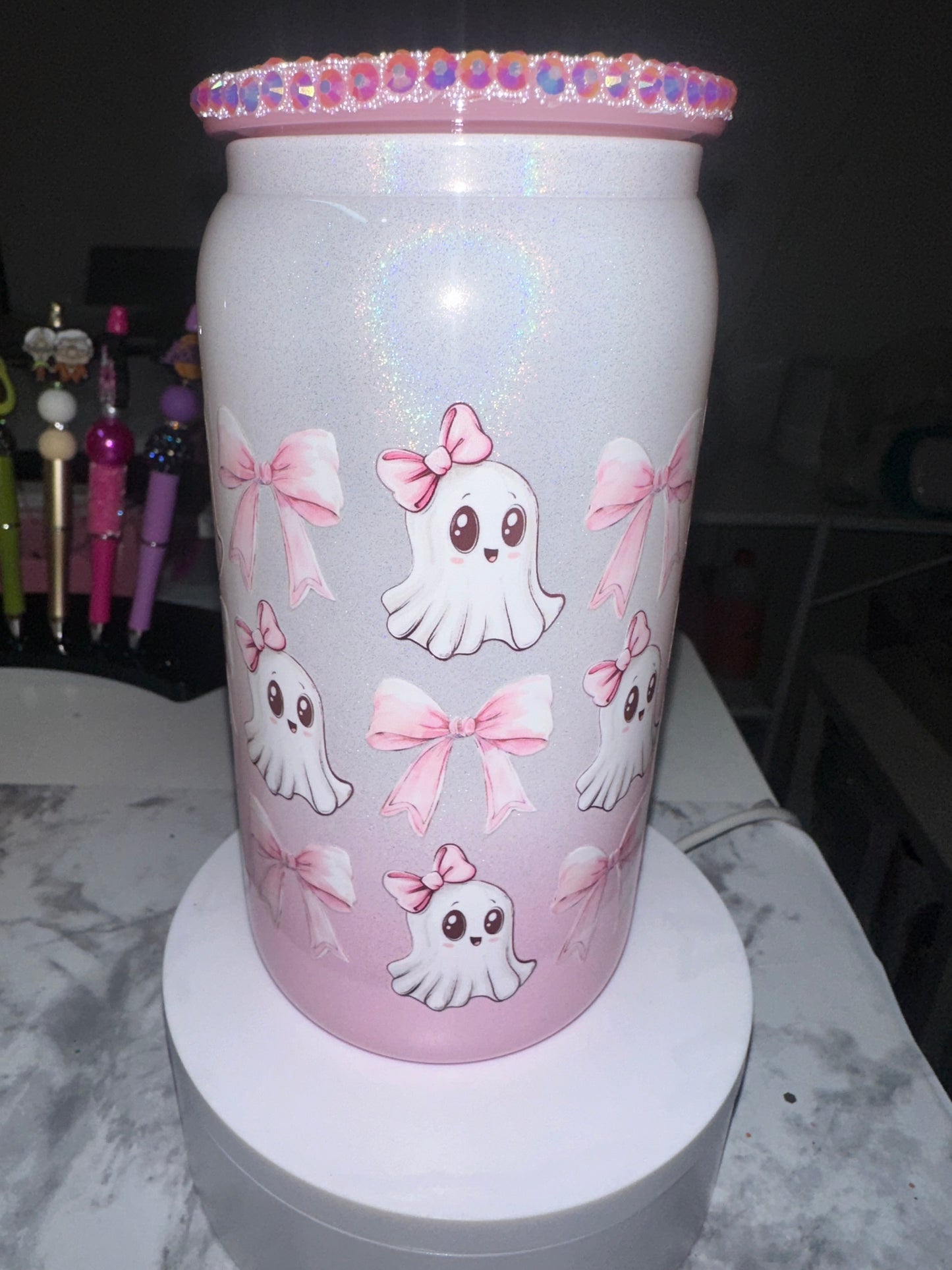 Pretty in Pink Ghost Glass Tumbler