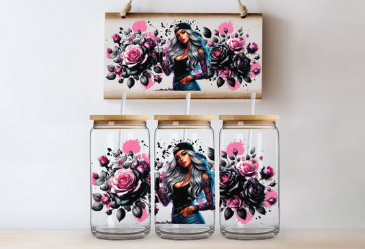 Girl with Pink & Black Roses