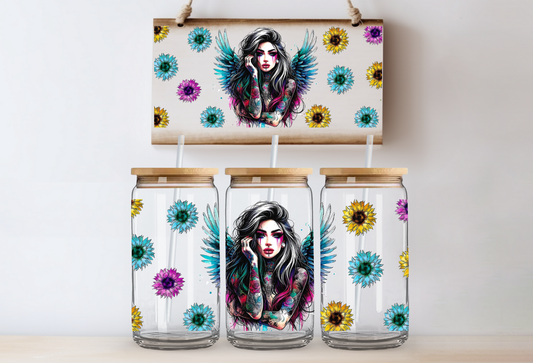 Girl with colorful sunflowers