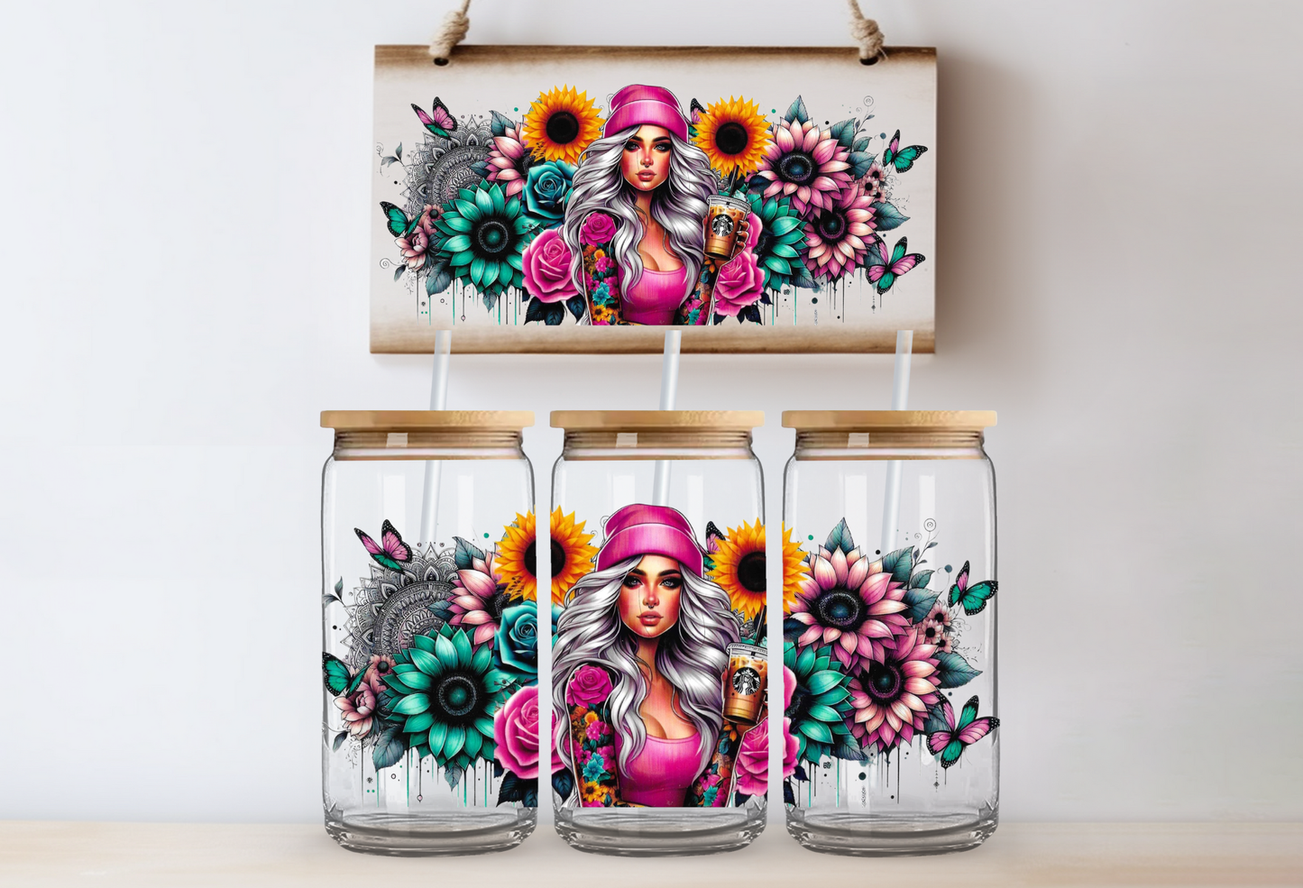 Girl with pink beanie & sunflowers