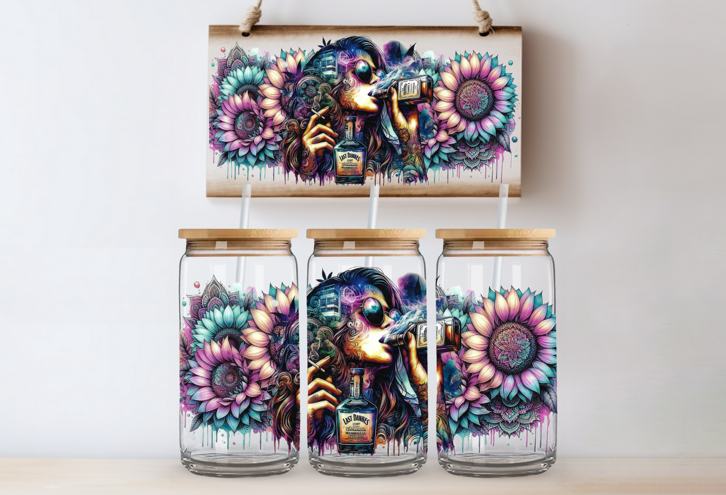 Girl with whiskey and flowers