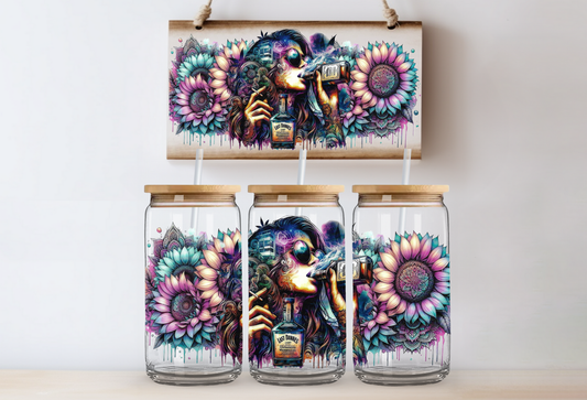 Girl with whiskey and flowers