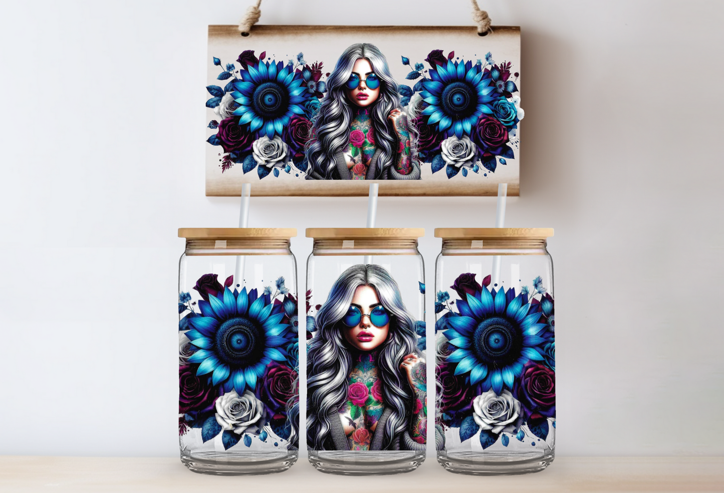 Girl with blue sunflowers