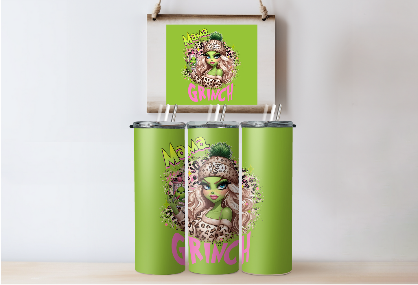 Pink Grinchy Mama LV Tumbler