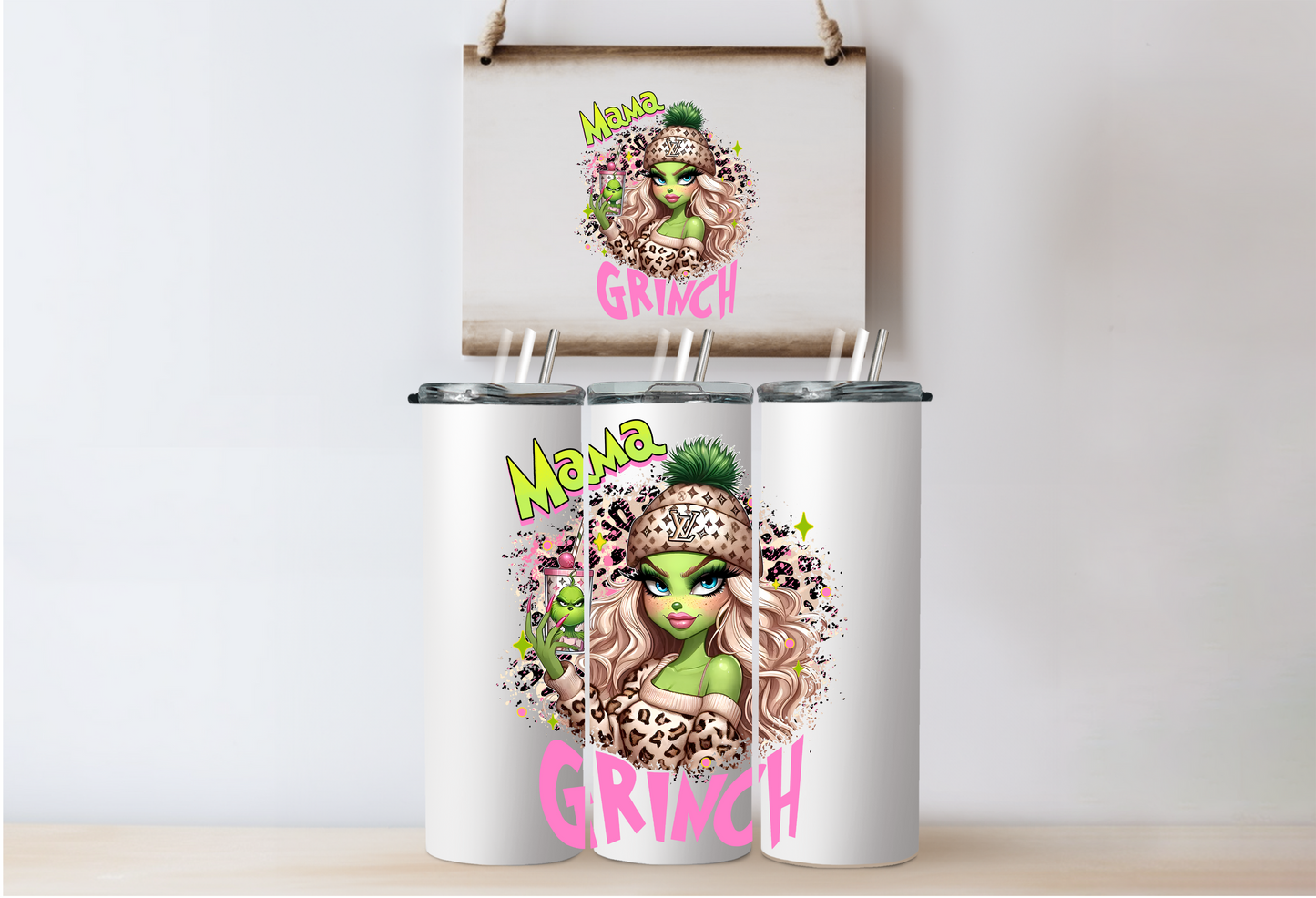 Pink Grinchy Mama LV Tumbler