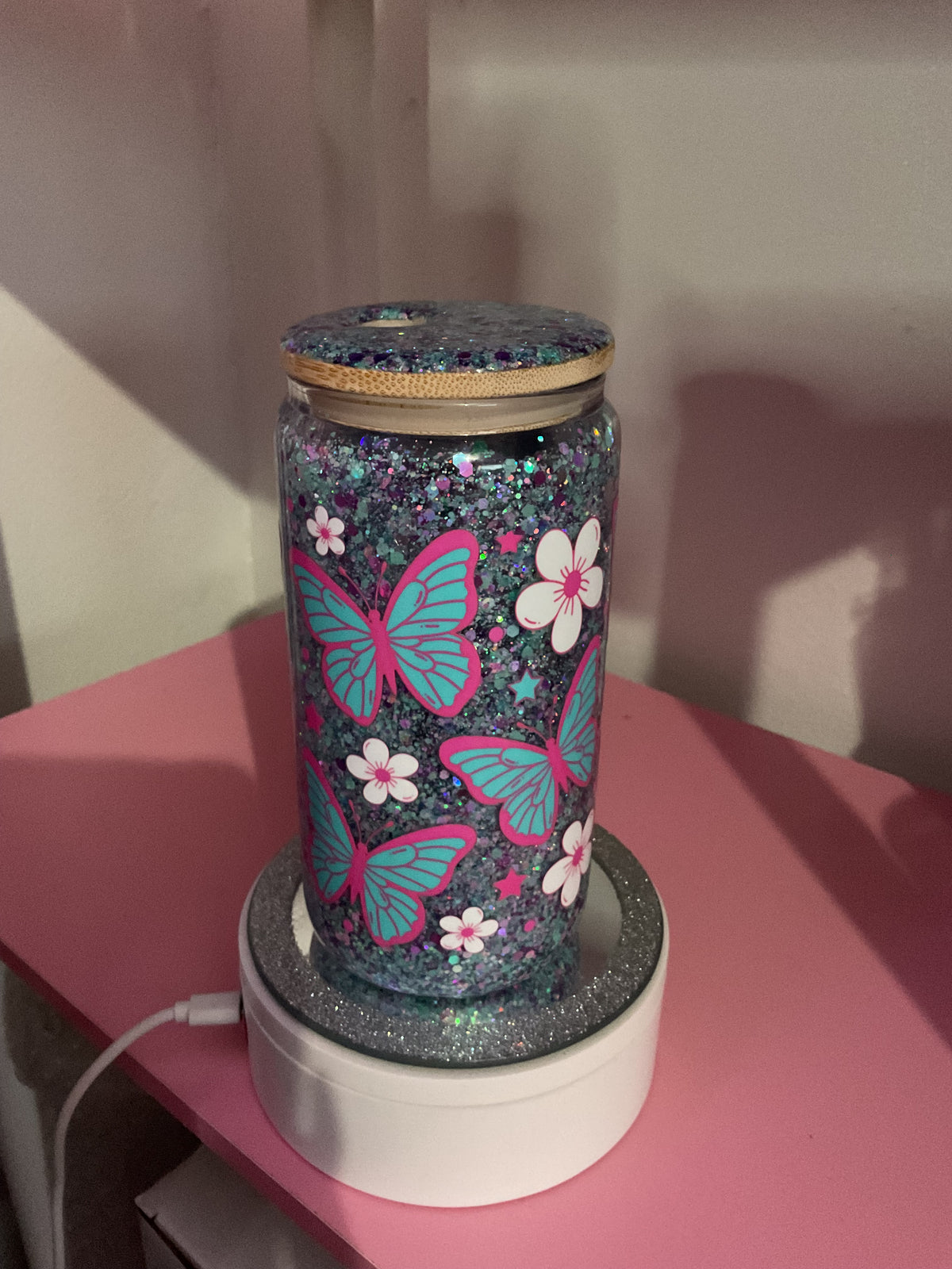Blue Butterfly Glass Snow Globe Tumbler