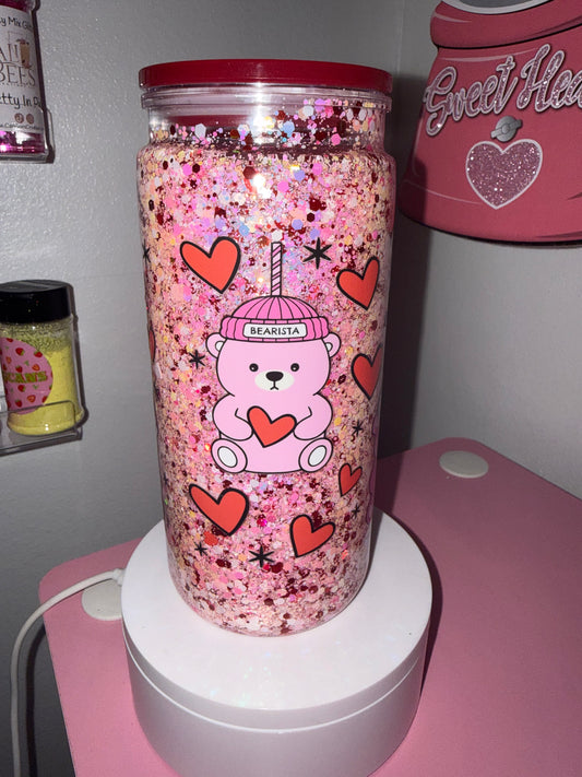Pink Valentine Bear Snow Globe Tumbler