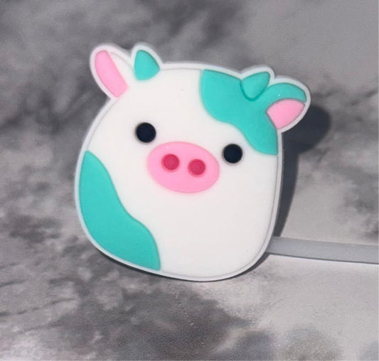 Turquoise and White Pig Straw Topper