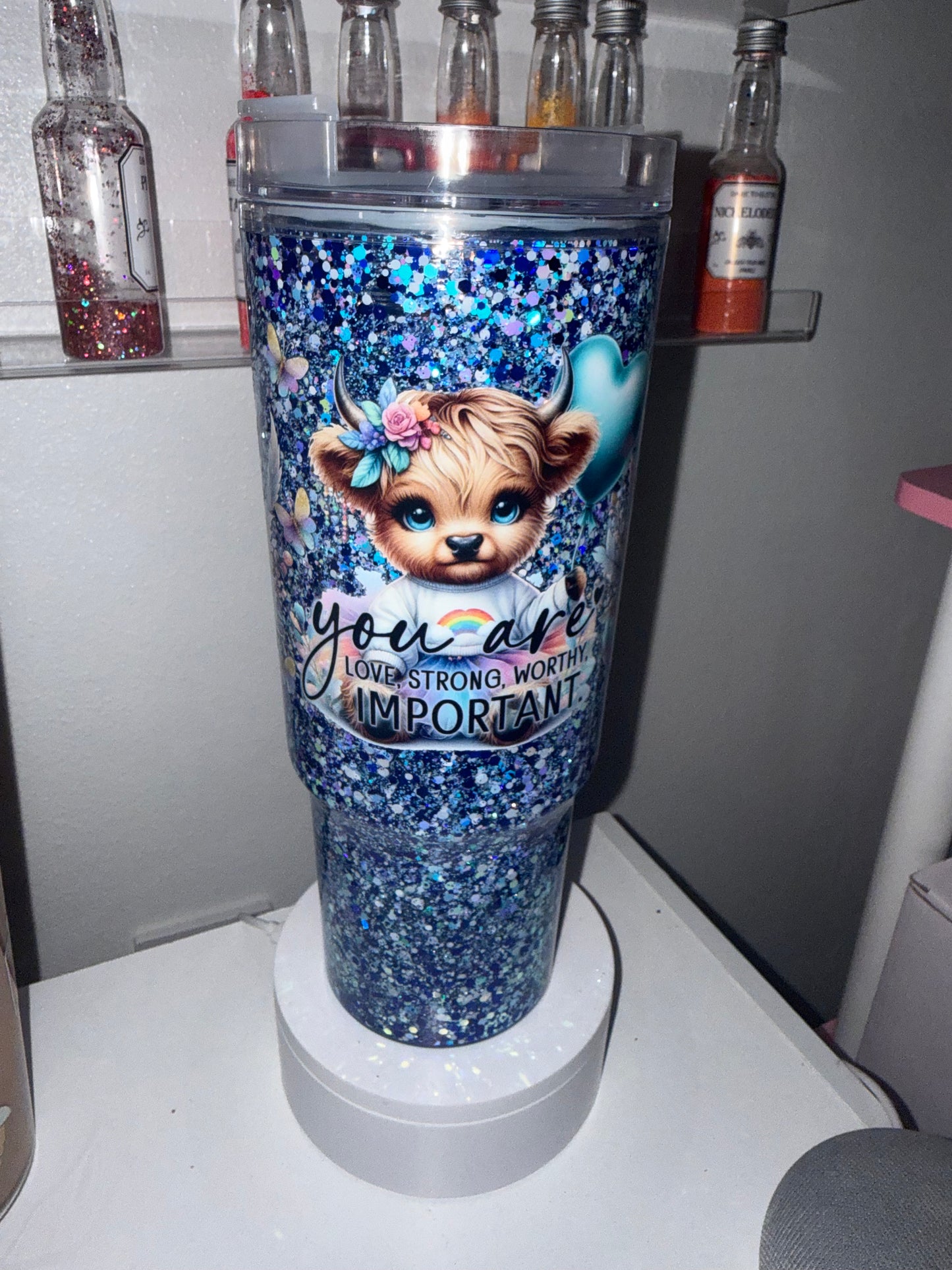 Blue Cow Glitter Tumbler