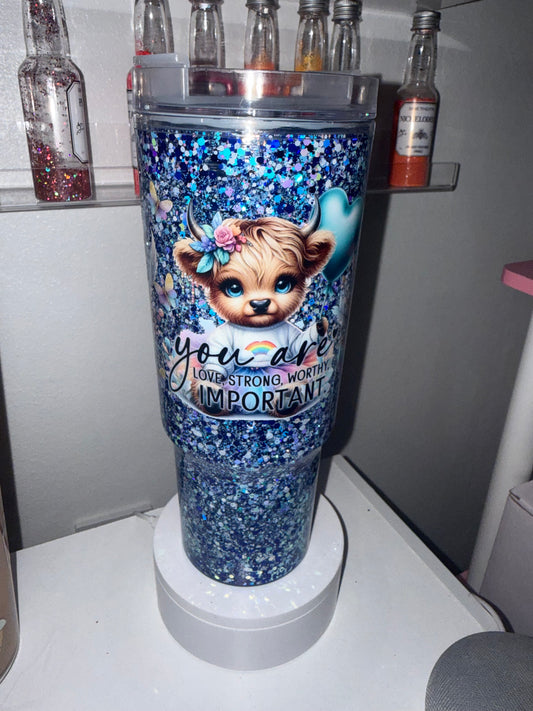 Blue Cow Glitter Tumbler