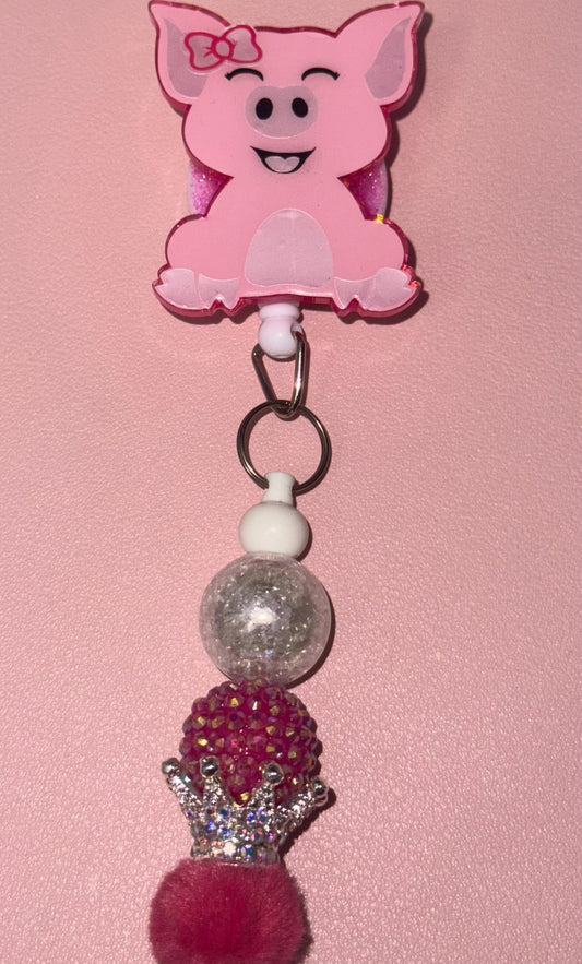 Glitter Piggy Beaded Badge Reel