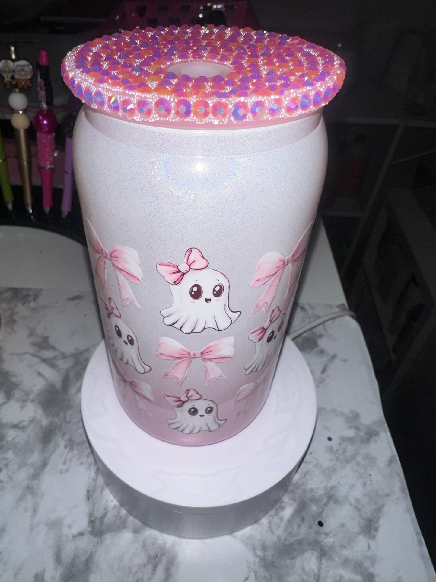 Pretty in Pink Ghost Glass Tumbler