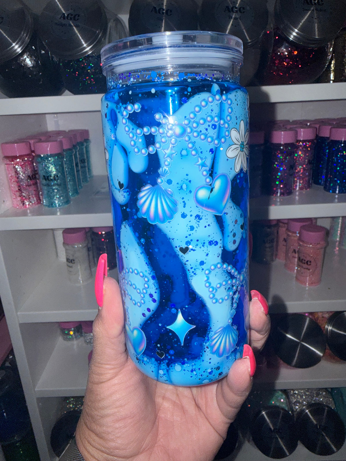 Blue Heart Shells Glitter Snow Globe