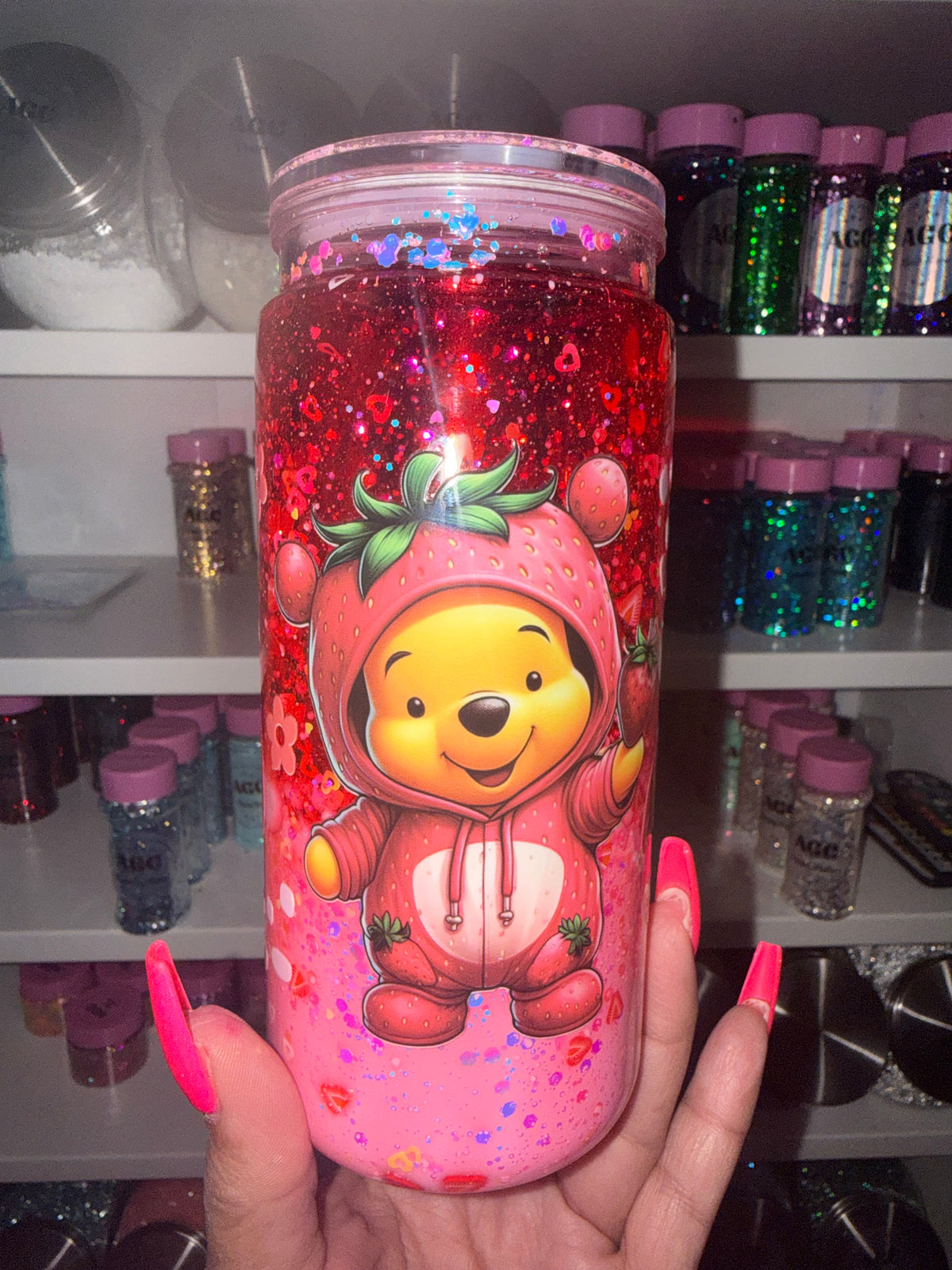Strawberry Pooh Glitter Snow Globe