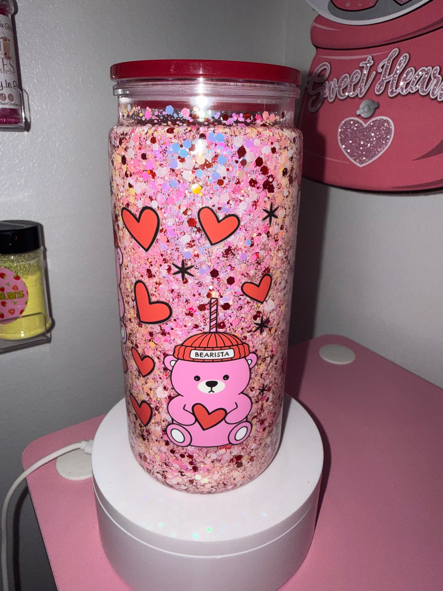 Pink Valentine Bear Snow Globe Tumbler