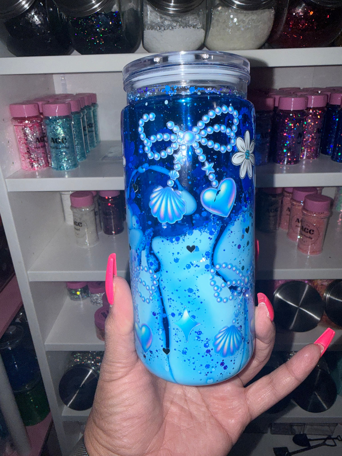 Blue Heart Shells Glitter Snow Globe