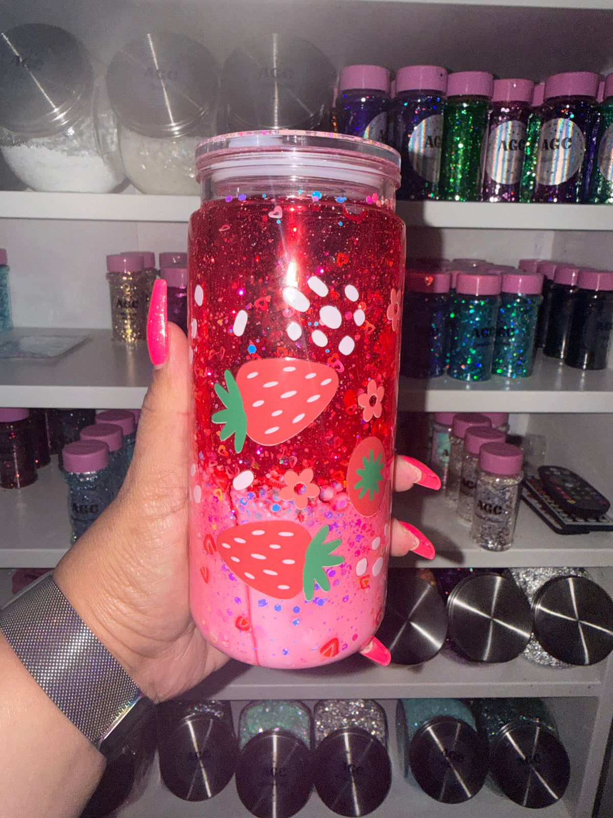 Strawberry Pooh Glitter Snow Globe