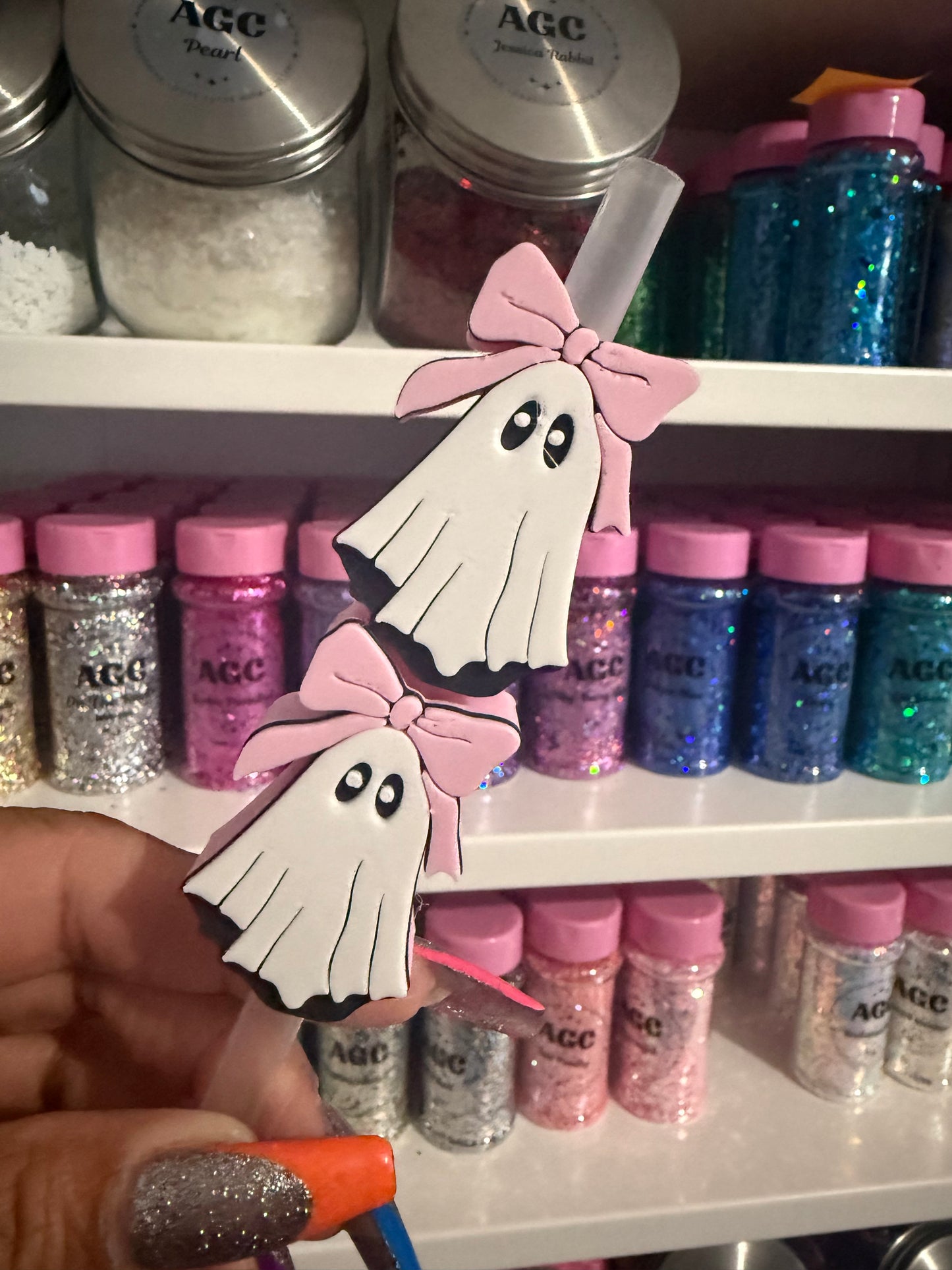 Pink Bow Ghostie 3D Straw Topper