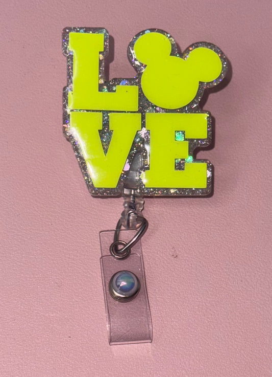 Neon Glitter Love Mouse Badge Reel