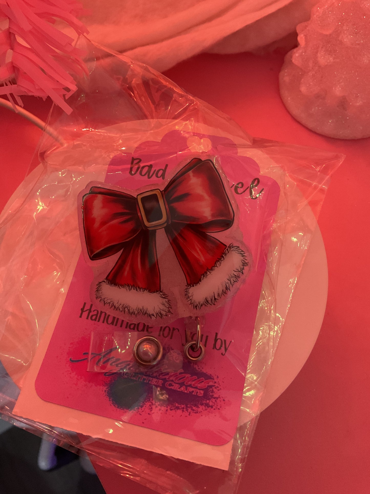 Red Christmas Bow Badge Reel